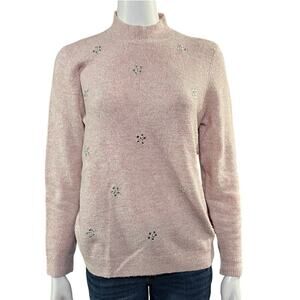 Elle Womens Pink Marled Rhinestone Flower Long Sleeve Sweater Size Medium